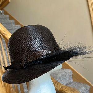 Vintage Mr. John Jr. chocolate brown straw hat black feather